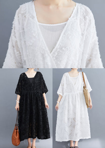 Black V Neck Embroidered Dress Two Pieces Set Half Sleeve