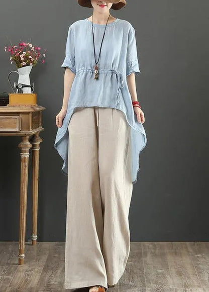 Diy Light Blue Linen Clothes O Neck Asymmetric Box Shirts