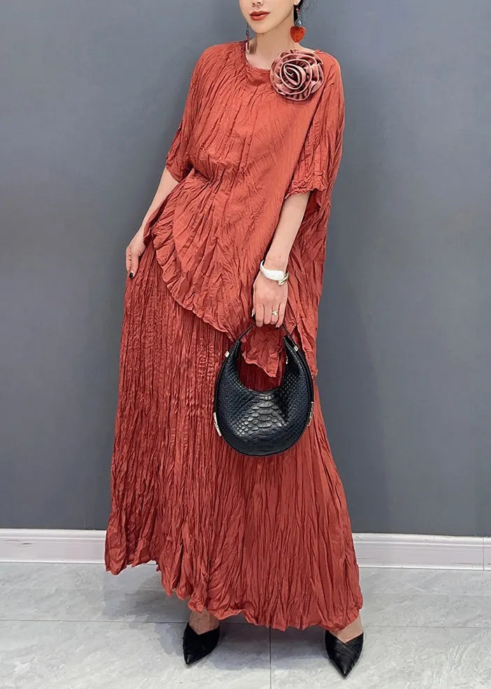 Classy Orange O-neck Wrinkled Top and Skirts Two Pieces Set Summer