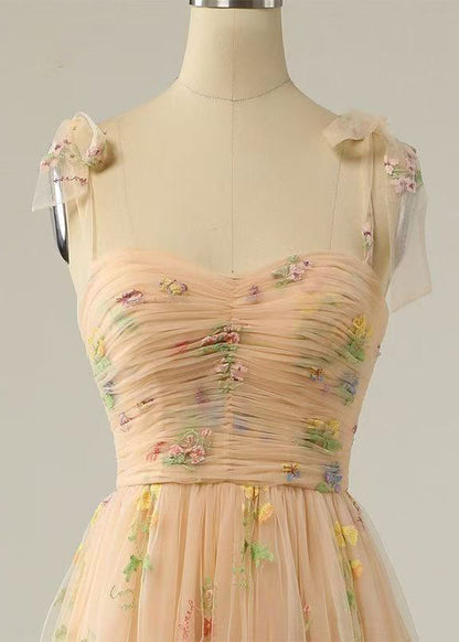 Champagne Color Wrinkled Lace Up Patchwork Tulle Dress Summer
