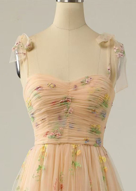 Champagne Color Wrinkled Lace Up Patchwork Tulle Dress Summer