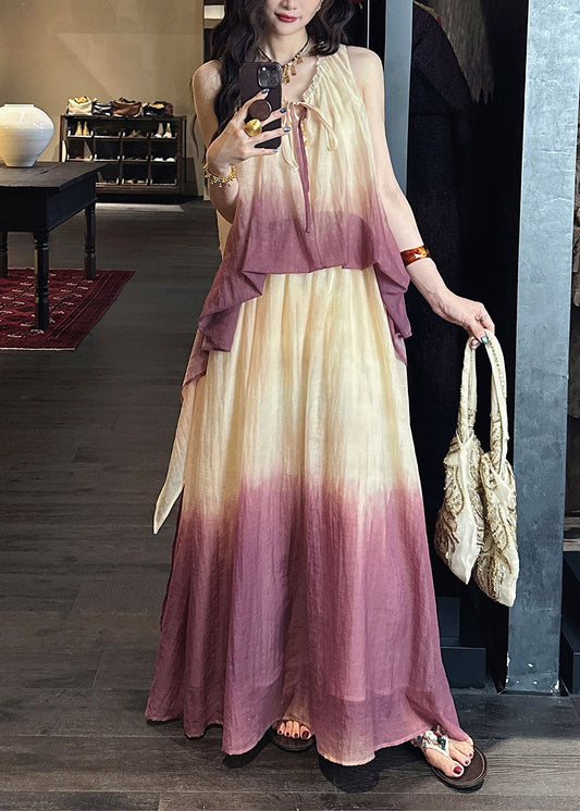 Purple V Neck Ruffled False Two Pieces Linen Silk Dress Summer