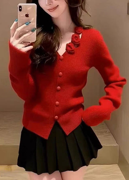 Organic Red Button Cotton Knit Sweater Spring