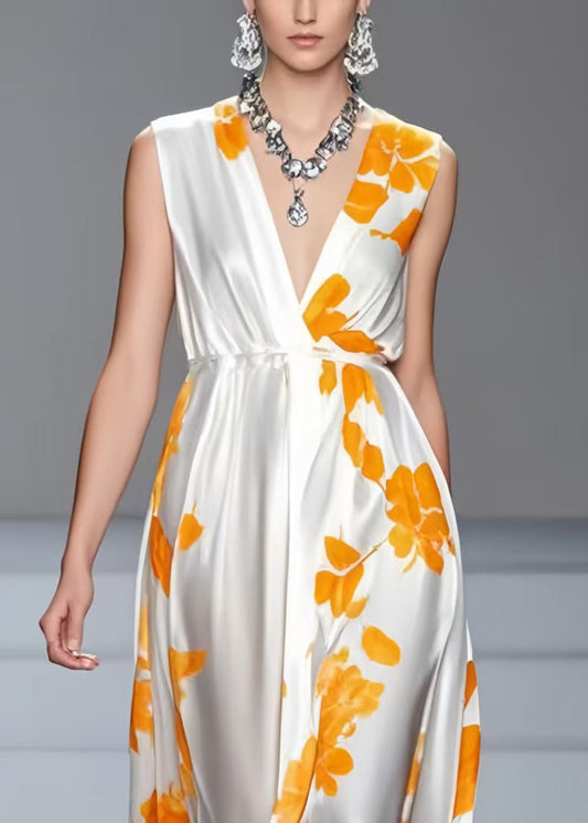 White V Neck Print Silk Summer Dress Sleeveless