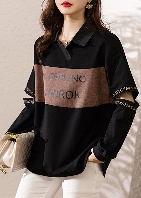 Black Peter Pan Collar Print Patchwork Cotton Sweatshirts Fall