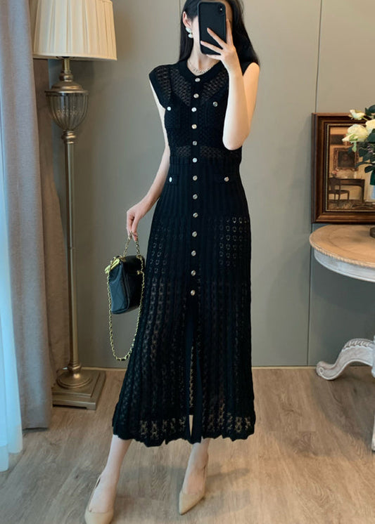 Black Hollow Out Single Breasted Buttons Knit Long Dress Sleeveless