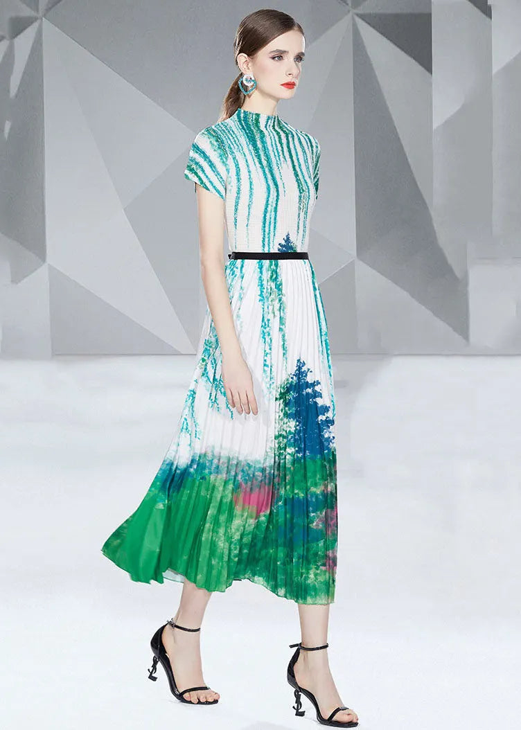 Italian Green Print Wrinkled Cotton Tops and Pleated Skirt Two Pieces Set Summer