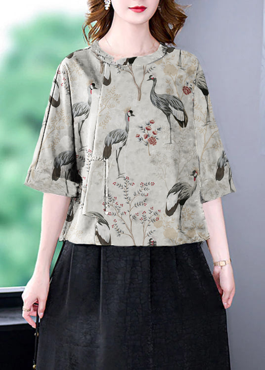 Green O-neck Print Patchwork Top Bracelet Sleeve