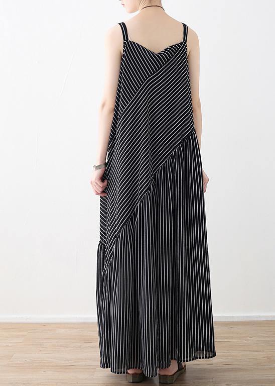 Black Striped Chiffon Clothes Outfits Spaghetti Strap Asymmetric Robe Summer Dresses
