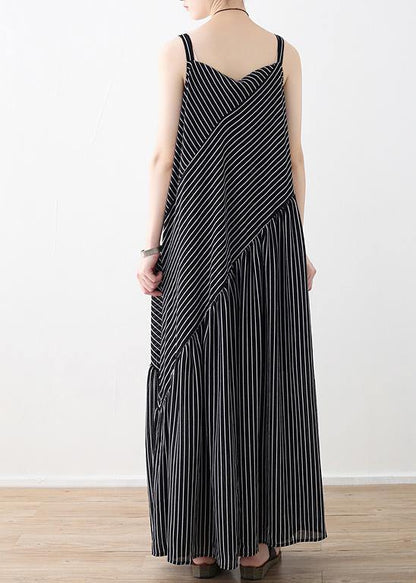 Black Striped Chiffon Clothes Outfits Spaghetti Strap Asymmetric Robe Summer Dresses