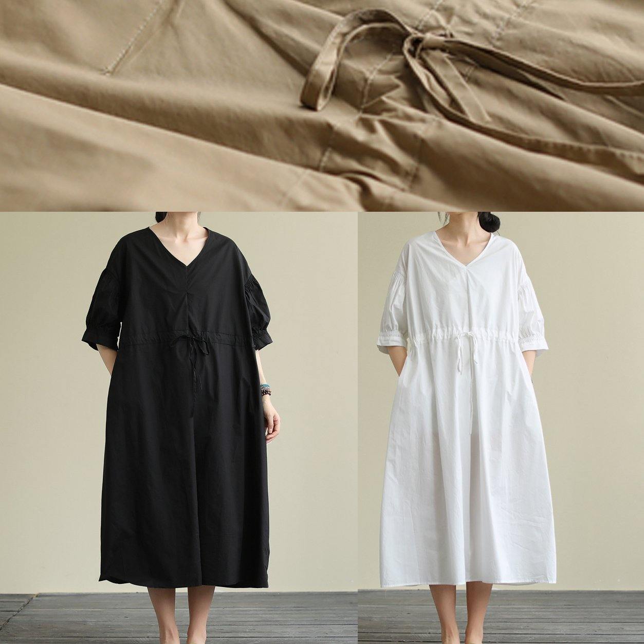 100% White Cotton Tunic Pattern V Neck Drawstring Maxi Dress