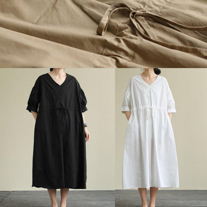 100% White Cotton Tunic Pattern V Neck Drawstring Maxi Dress