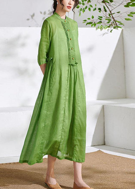 Art Green Ruffled Button Summer Ramie Party Dresses Half Sleeve