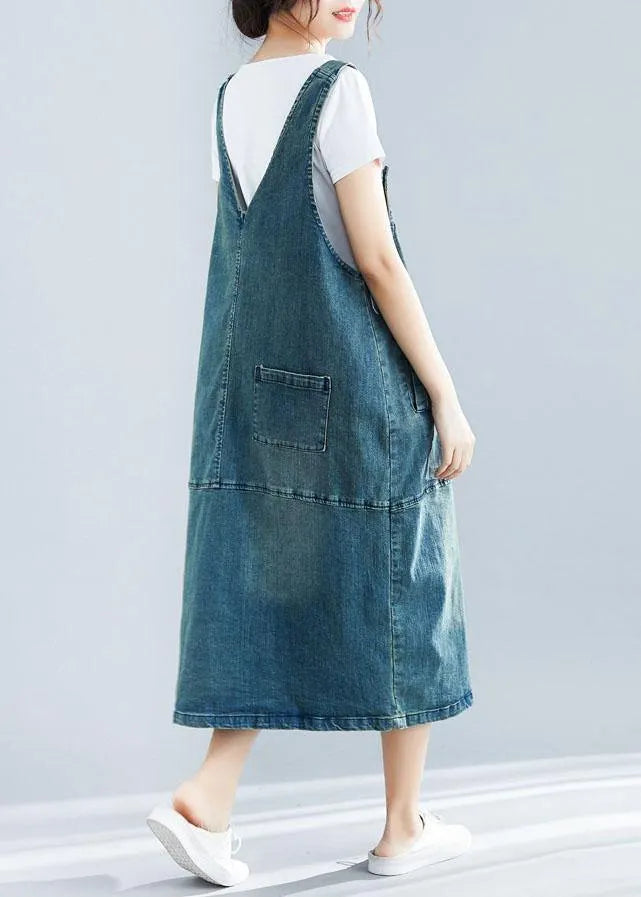 French Denim Blue Cotton Quilting Dresses Sleeveless Cotton Robes Summer Dress