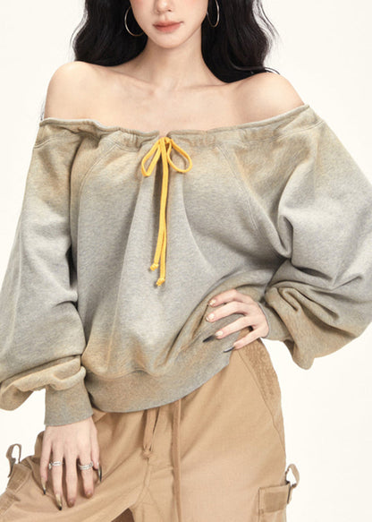 Grey Slash Neck Drawstring T Shirt Fall