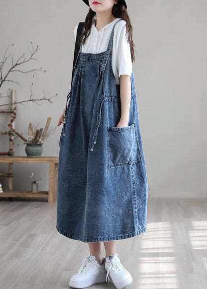 Blue Drawstring Pocket Spaghetti Strap Cotton Denim Dress