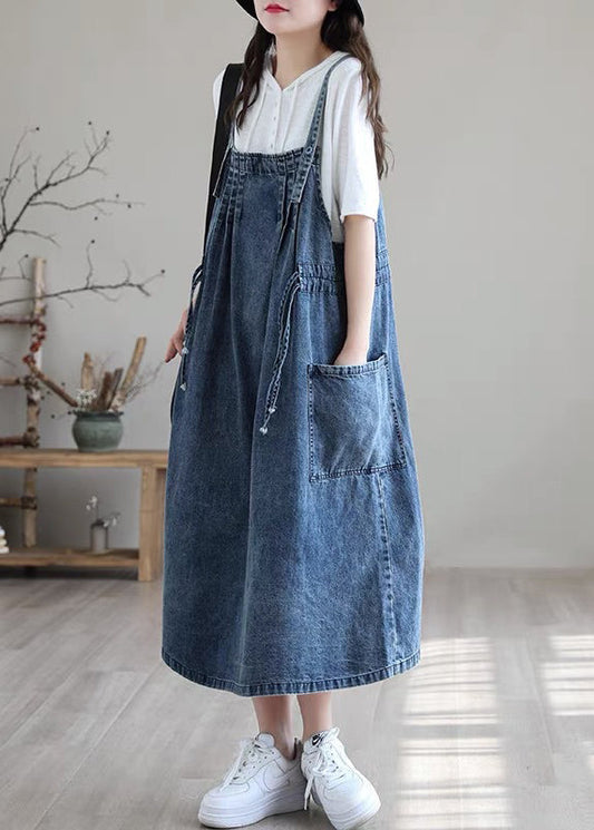Blue Drawstring Pocket Spaghetti Strap Cotton Denim Dress