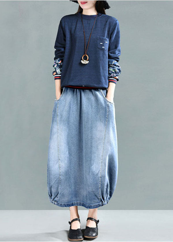 Light Blue Elastic Waist Pockets Cotton Denim Skirt Cozy