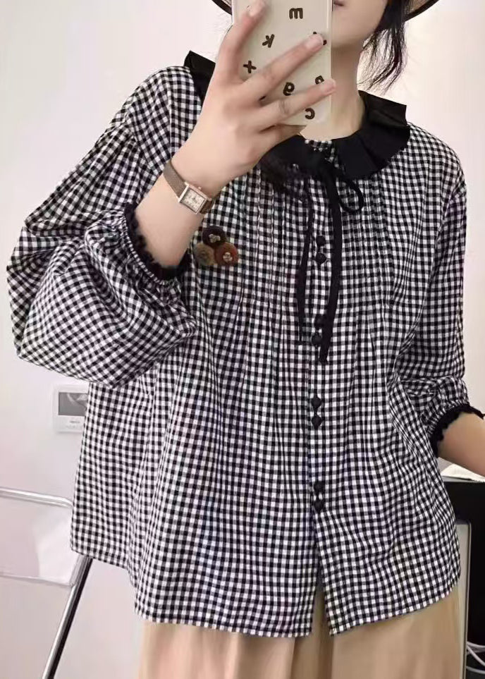 Grey Peter Pan Collar Plaid Linen Shirts Spring