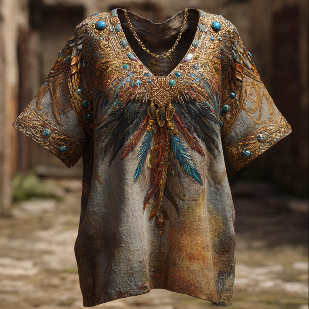 Western Colorful Feather Gemstone Element Tie-dye V-neck Linen Short-sleeved Shirt elevenforest