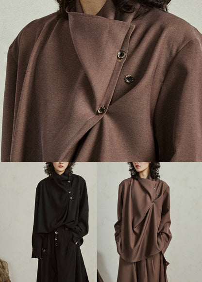 Fine Coffee Asymmetrical Button Shirt Lantern Sleeve