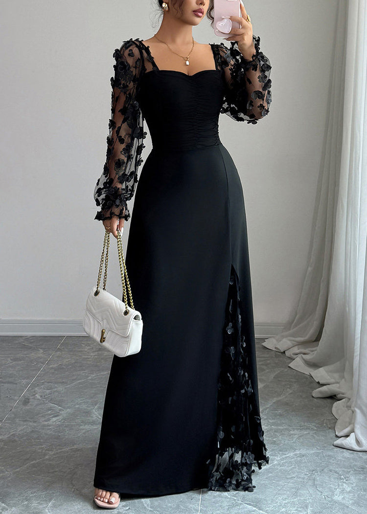 Black Hollow Out Patchwork Tulle Long Dress Spring