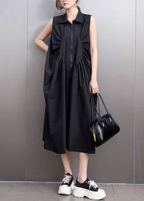 Black Zip Up Wrinkled Cotton Maxi Dresses Sleeveless