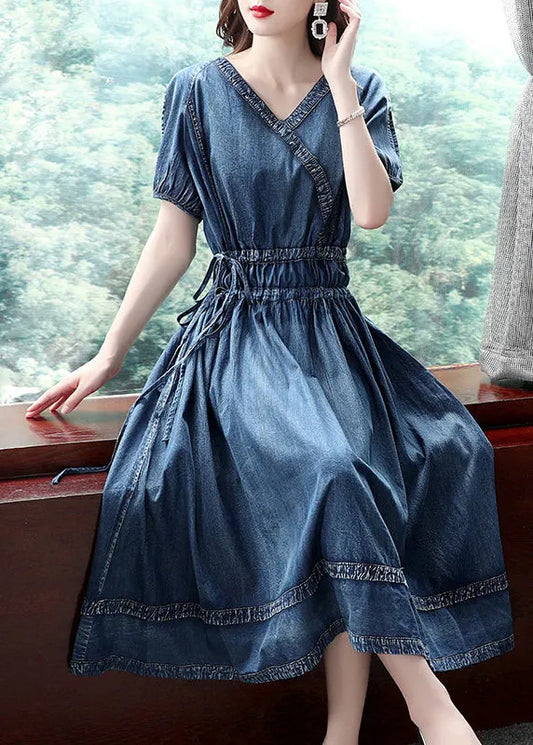 Blue V Neck Patchwork Cotton Denim Pleated Cinch Dress Short Sleeve