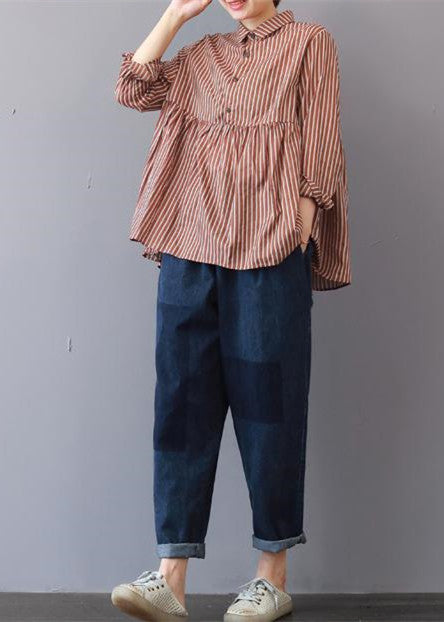 Boutique Red Striped Linen Blouse Traveling Clothing Fine Patchwork Lapel Collar Linen Blouses