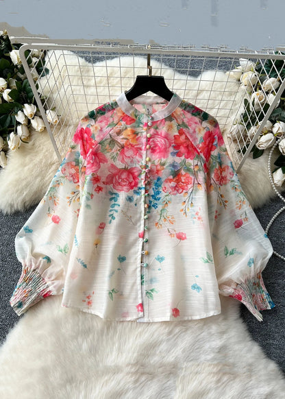 French Colorblock Print Tops and Skirts Chiffon Two Pieces Set Long Sleeve