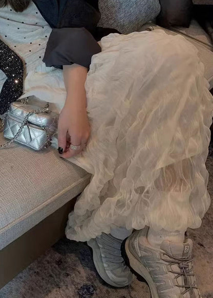 White Wrinkled Elastic Waist Tulle Skirt Fall