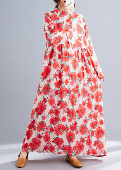 Red Oversized Print Cotton Holiday Dresses Spring