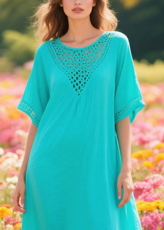 Simple Blue Oversized Hollow Out Cotton Long Dress Summer