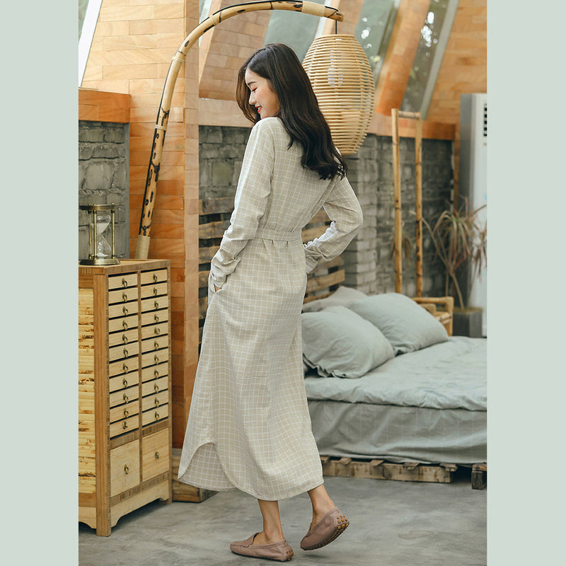Baggy Plaid Turn-down Collar a Line Skirts Gown Tie Waist Autumn Dress