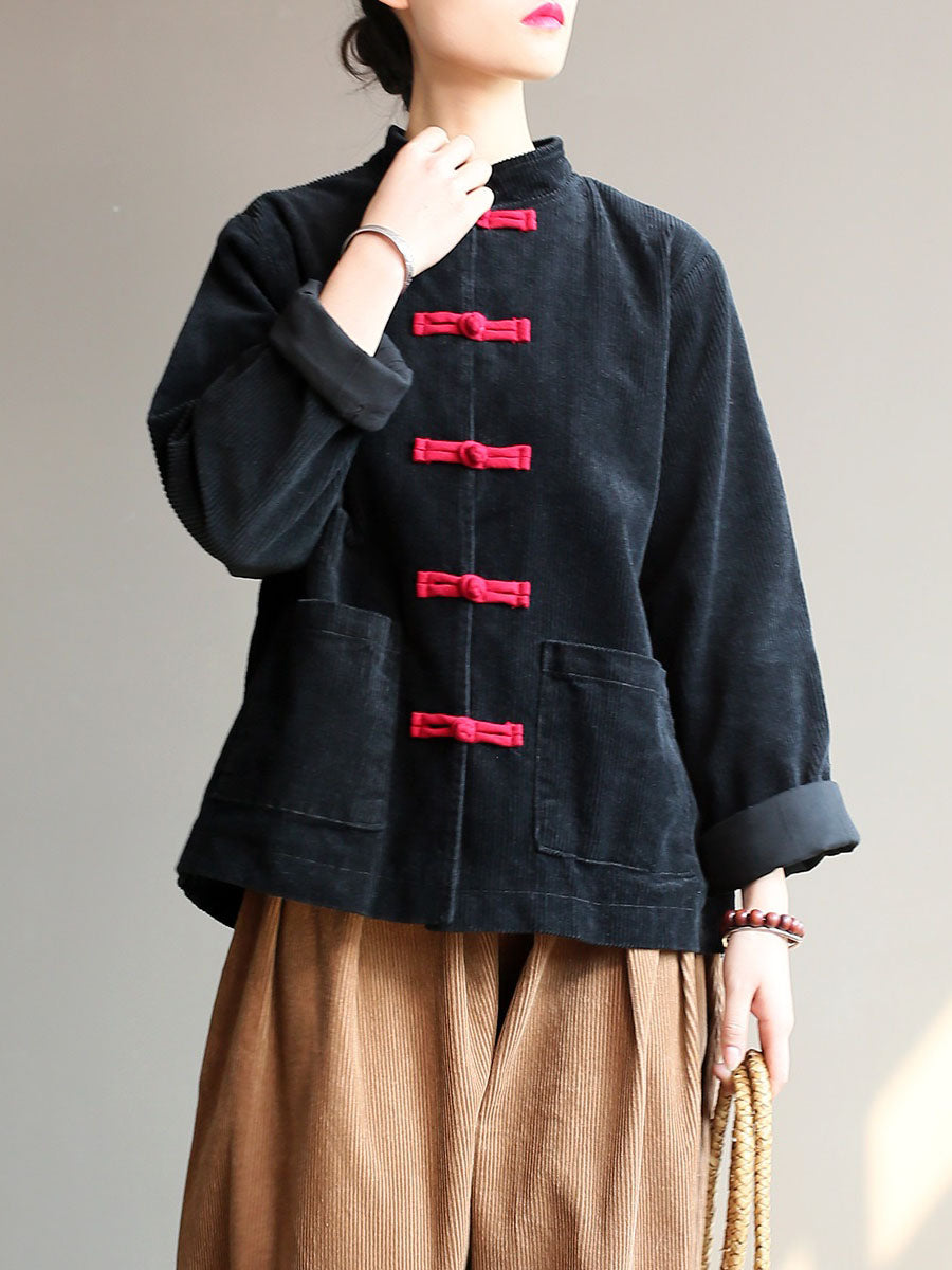 Winter Chinese Style Frog Corduroy Pocket Coat