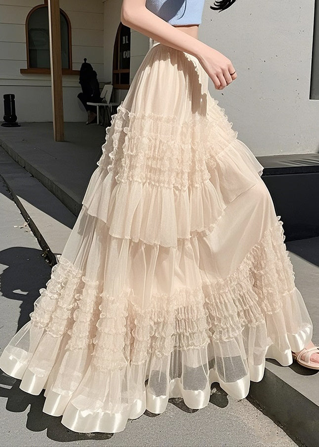 Art Apricot Ruffled Elastic Waist Chiffon Skirts Summer