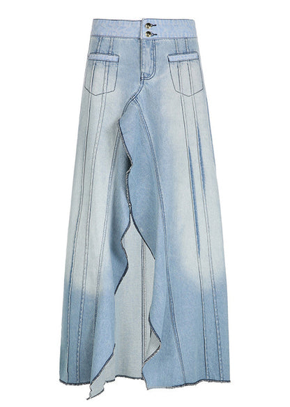 Blue Ruffled Side Open Patchwork Denim Skirts Summer