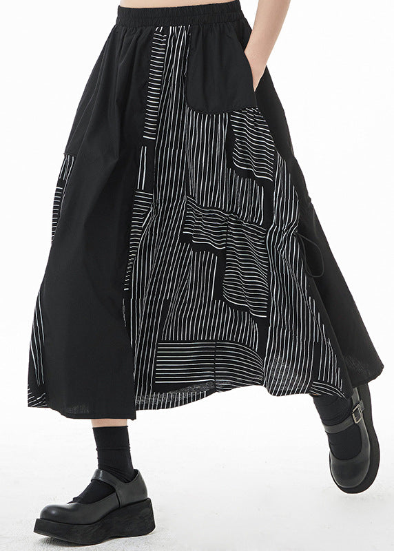 Style Black Asymmetrical Drawstring Pockets Dot Print a Line Skirt Summer