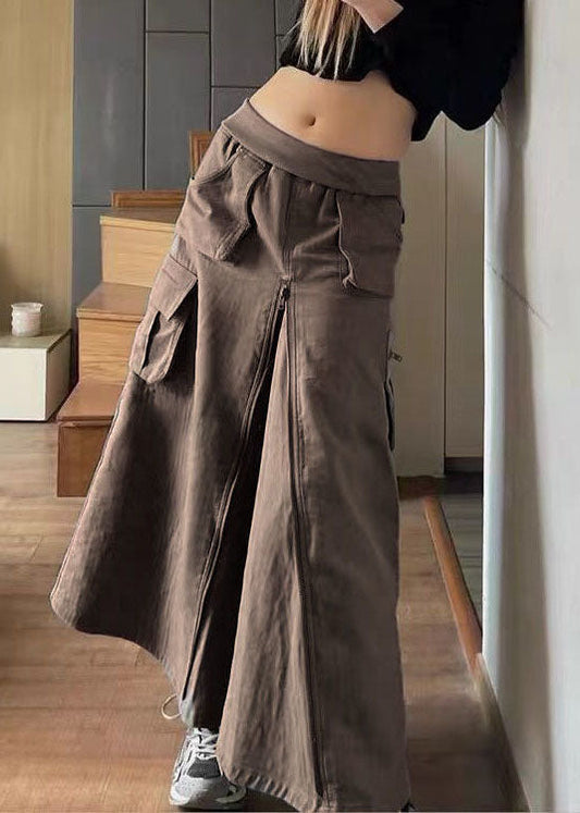 Chocolate Zip Up Pockets Silk a Line Skirt Fall