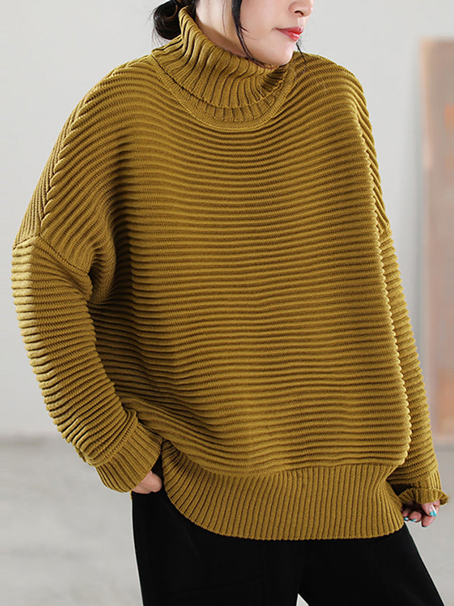 Highneck Color Knitted Loose Long Sleeve Sweater