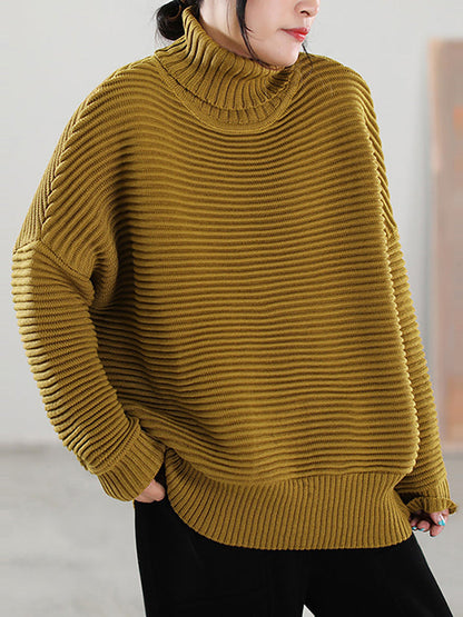 Highneck Color Knitted Loose Long Sleeve Sweater