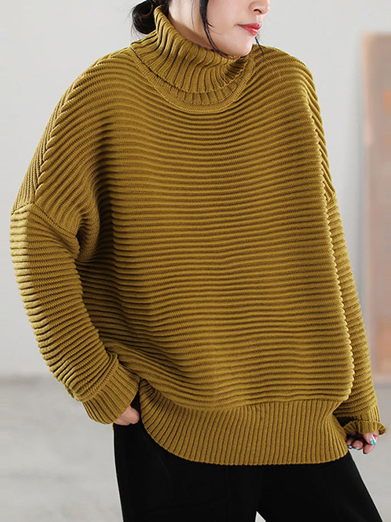 Highneck Color Knitted Loose Long Sleeve Sweater
