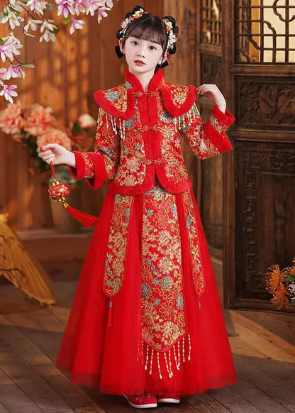 Art Red Embroideried Warm Fleece Kids Coats and Maxi Skirts Two Piece Set Long Sleeve