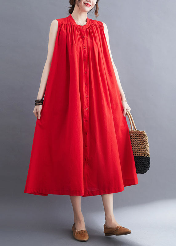 French Red O-neck Wrinkled Cotton a Line Dresses Sleeveless