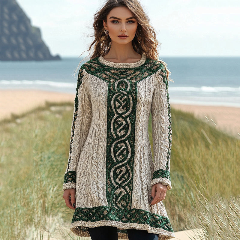 Women's Irish Celtic Knotted Crew Neck Contrast Sweater Dress elevenforest