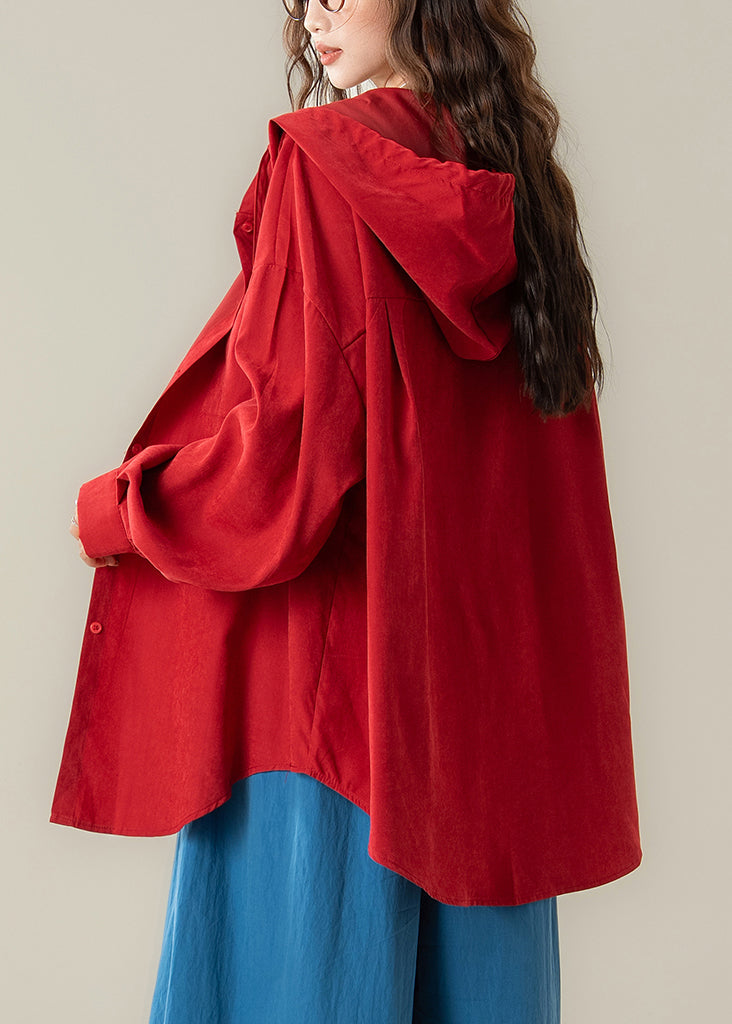 Red Hooded Button Cotton Shirt Spring