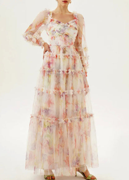 U Neck Ruffled Patchwork Tulle Long Dress Summer