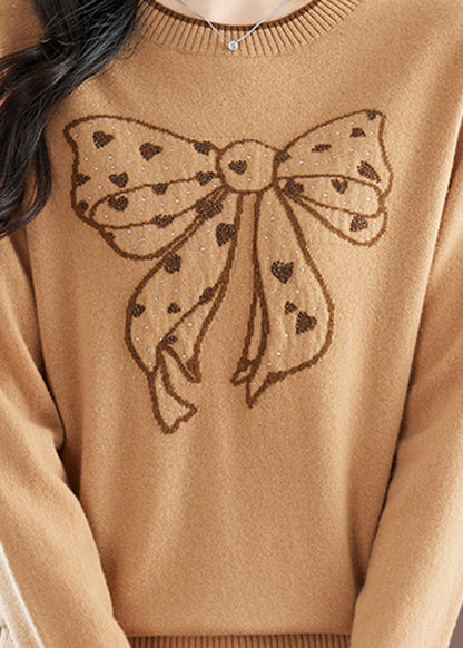 Handmade Camel O-neck Embroidered Bow Thick Cotton Knit Sweaters Winter