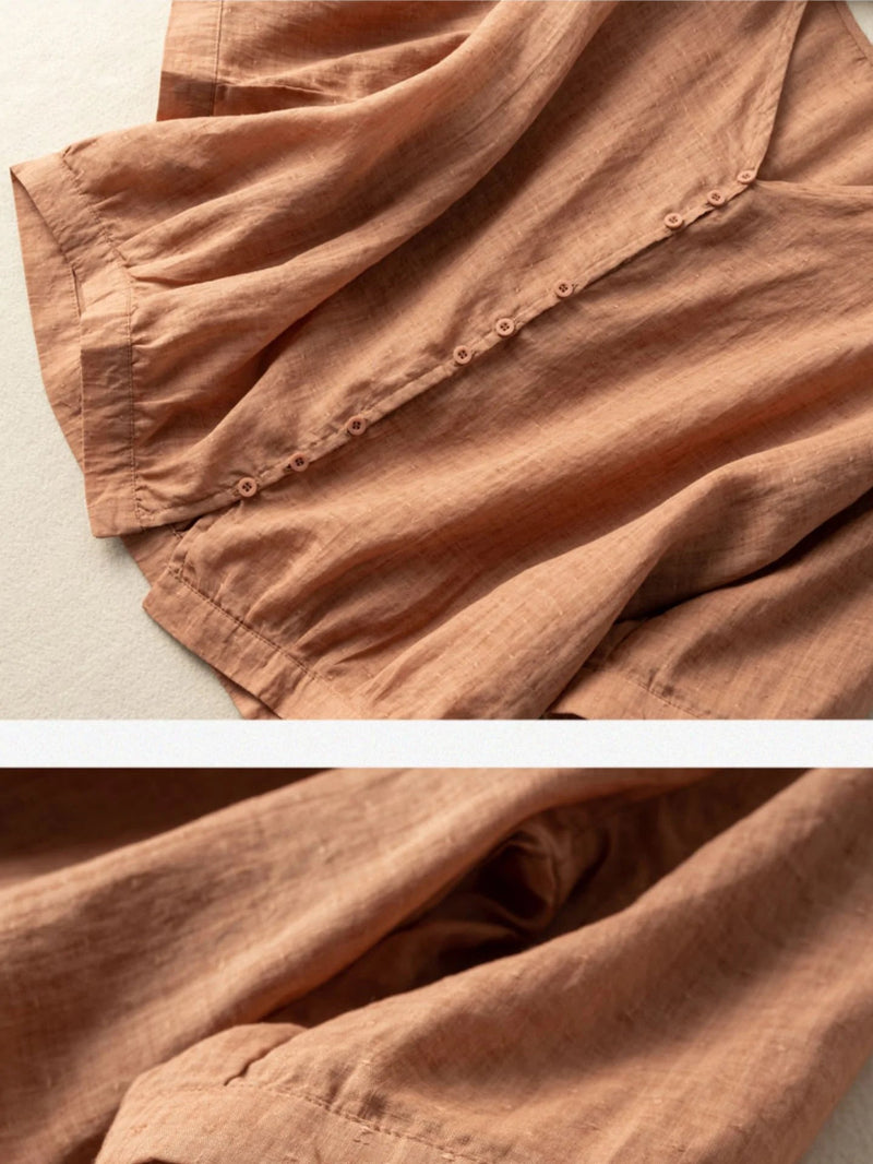 Pure Color V Neck 3/4 Sleeve Linen Shirt Top