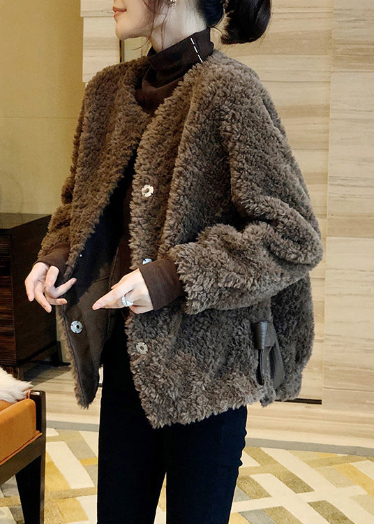 Vogue Coffee O-neck Button Thick Faux Fur Coat Fall